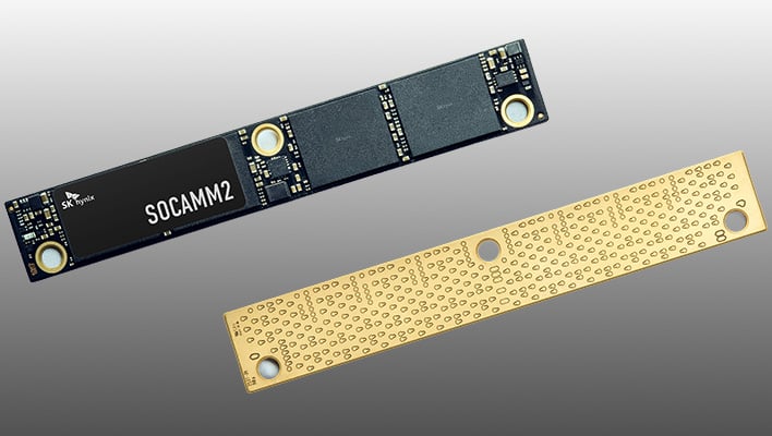 Two SK hynix SOCAMM2 memory modules on a gray gradient background.