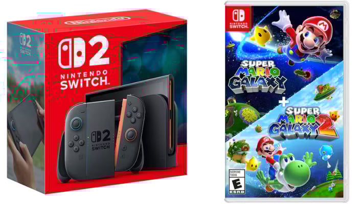 Nintendo Switch 2 retail box next to a Super Mario Galaxy + Super Mario Galaxy 2 game package.