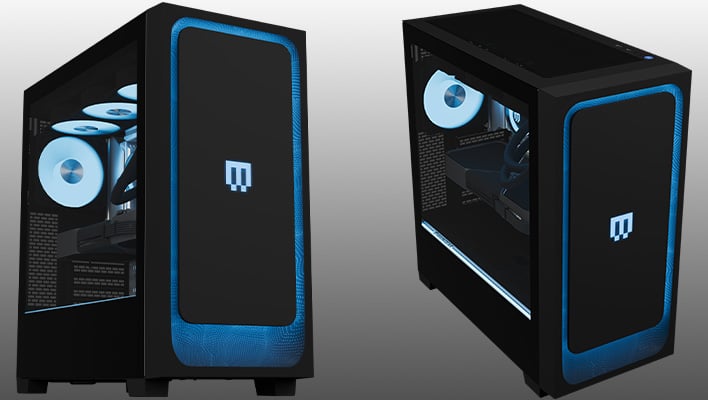 Angled renders of Maingear's MG-1 desktop on a gray gradient background.