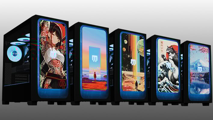 Row of Maingear MG-1 systems with different artwork, on a gray gradient background.