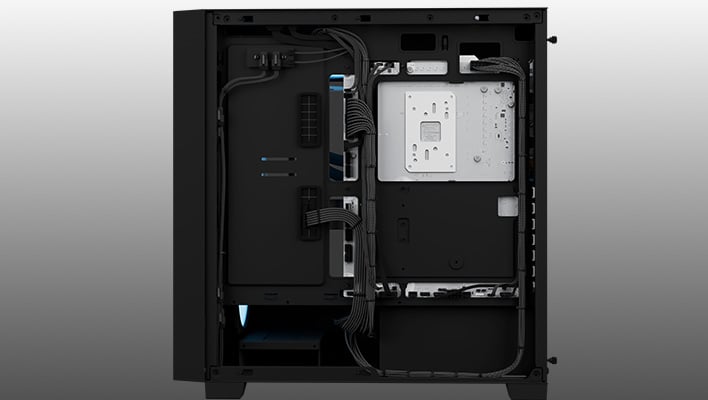 Render of the cable management behind the motherboard tray on Maingear's MG-1 desktop, on a gray gradient background.