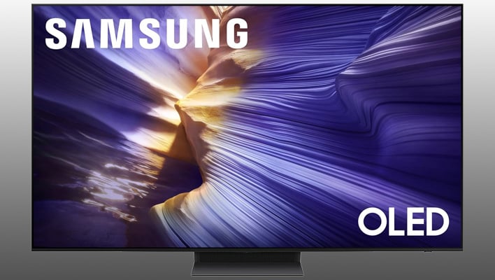 Samsung S90F OLED TV on a gray gradient background.