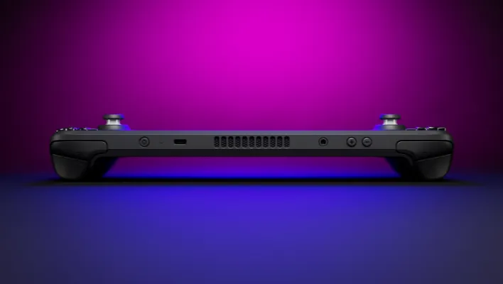 Render of a Steam Deck laying flat showing the top of the handheld. The background is a purple gradient.