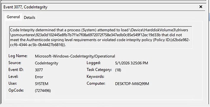 Event Viewer showing Event ID 3077.