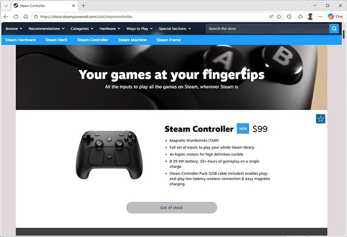 Steam Controller shown as out of stock on Valve's website.