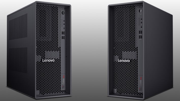 Angled renders of Lenovo's ThinkStation P4 on a gray gradient background.