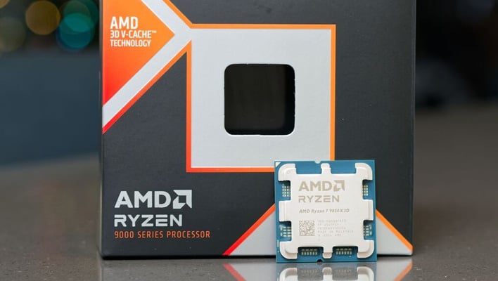 AMD Ryzen 7 9850X3D CPU in front of its retail box.