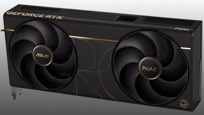 Angled render of the ASUS ProArt GeForce RTX 5090 OC Edition graphics card, on a gray gradient background.