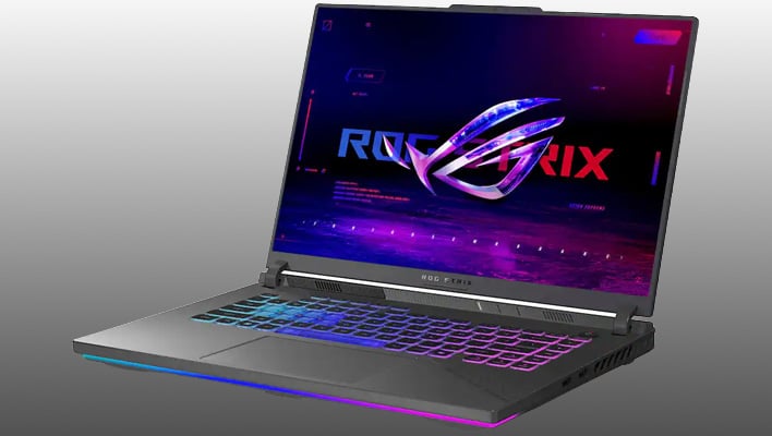 ASUS ROG Strix G16 laptop (angled render) on a gray gradient background.