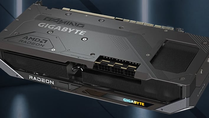 Backside render of Gigabyte's Radeon RX 9070 XT Gaming OC graphics card.