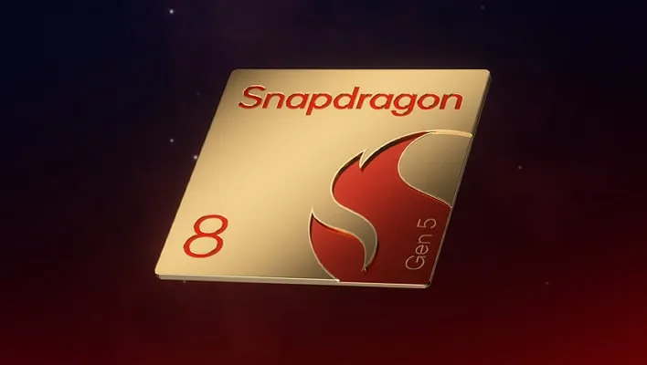Qualcomm Snapdragon 8 Gen 5 chip render (angled, on a black background).