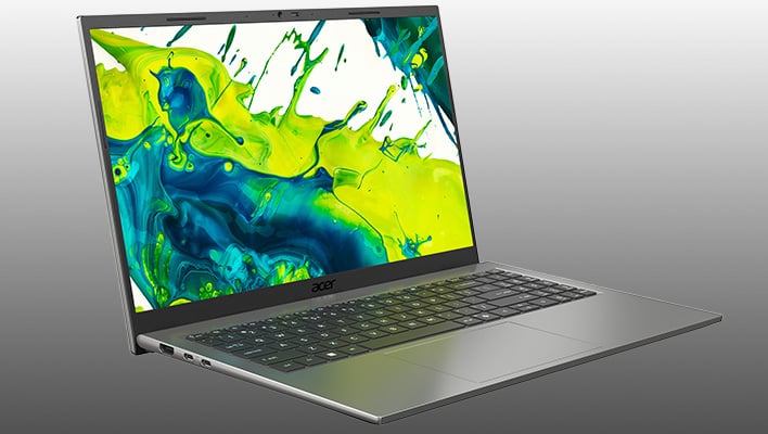 Angled render of Acer's Aspire Go 15 on a gray gradient background.