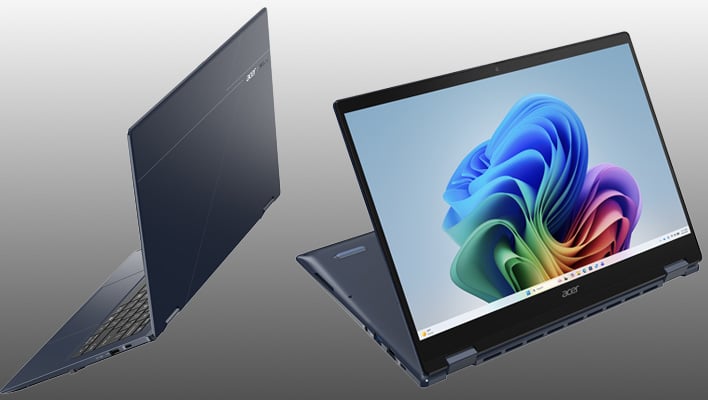Front and back renders of Acer's Swift Spin 14 AI on a gray gradient background.