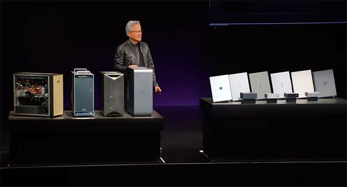 NVIDIA CEO Jensen Huang next to several RTX Spark systems at Computex 2026.