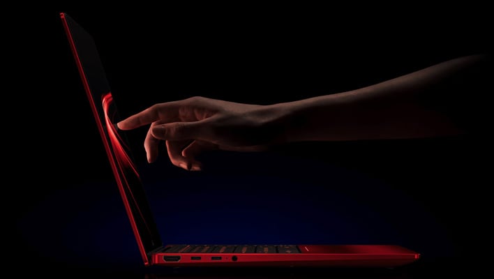 Angled render of the HP Scuderia Ferrari laptop's side showing the ports on the left.
