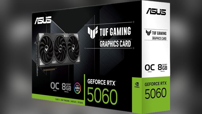 Render of the ASUS TUF Gaming GeForce RTX 5060 OC Edition box on a blurry background.