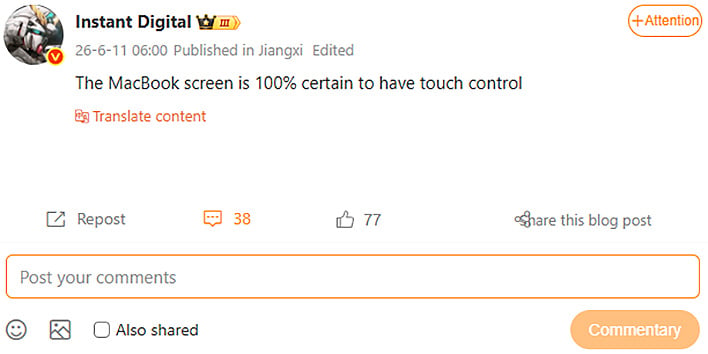 Instant Digital post on Weibo about a MacBook touchscreen.