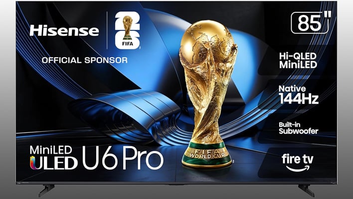 Hisense U6 Pro mini LED TV on a gray gradient background.