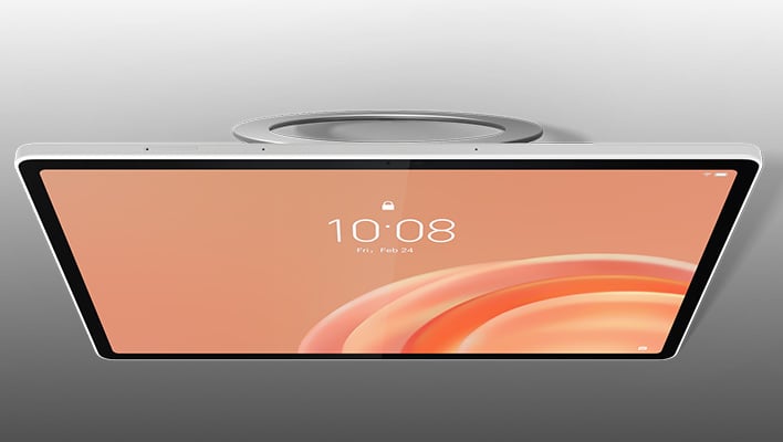 Overhead render of Lenovo's Tab Plus Gen 2 with 360-degree kickstand on a gray gradient background.