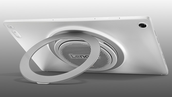 Rear angled render of Lenovo's Tab Plus Gen 2 with 360-degree kickstand on a gray gradient background.