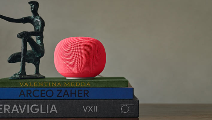 Google Home Speaker (Berry colorway) next to a statue on a pile of books.