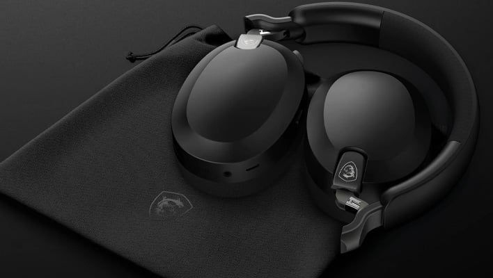 MSI Maestro 500 Wireless headset with the earcups folded to lay flat. It's partially resting on a cloth carrying pouch with MSI's logo.