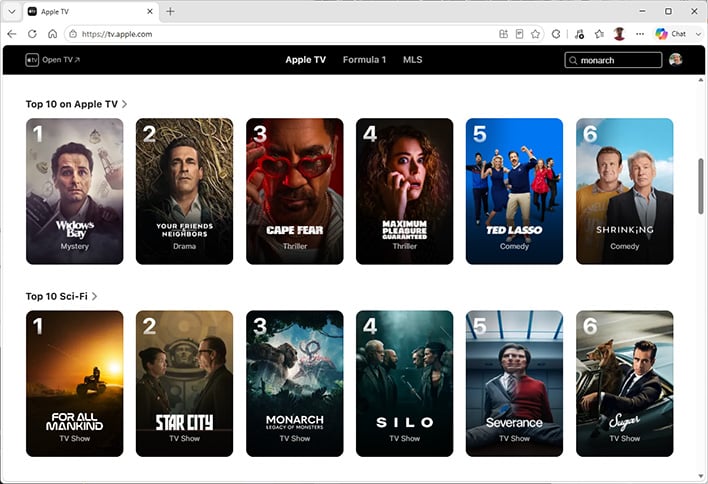 Apple TV menu in the Edge browser.