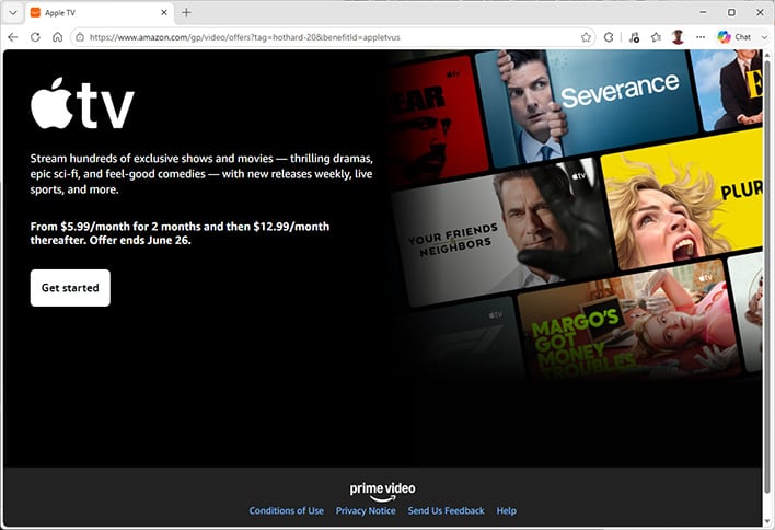 Apple TV promo on Amazon Prime, in the Edge browser.