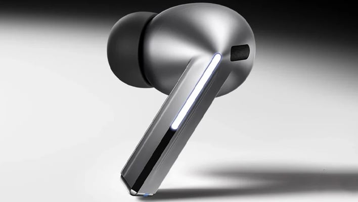 Samsung Galaxy Buds3 Pro earbud (render) on gray and black background.