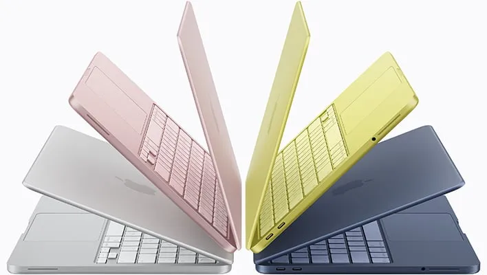 Renders of Apple's MacBook Neo in different color options.