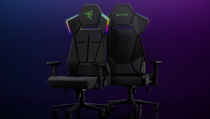 Front and back renders of Razer's Soma Chroma gaming chair on a dark blue background.