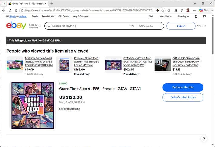 Edge browser screenshot showing an ended eBay listing for Grand Theft Auto VI.