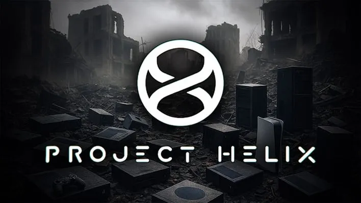 Project Helix logo in front of a wasteland of consoles.