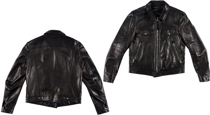Front and back views of NVIDIA CEO Jensen Huang's black leather jacket.