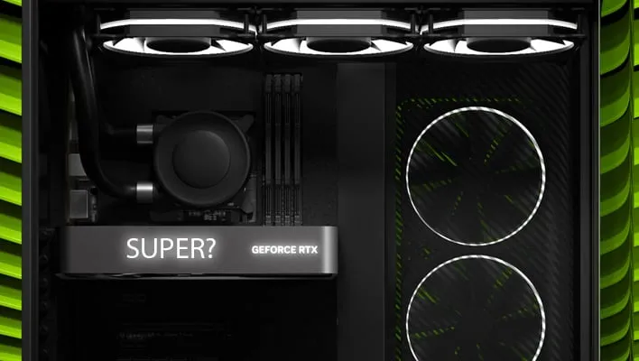 Render of a GeForce RTX graphics cards in a PC, with "Super?" written on it.