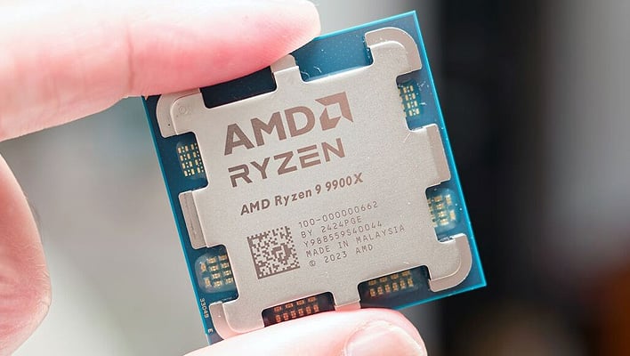 Holding an AMD Ryzen 9 9900X processor.