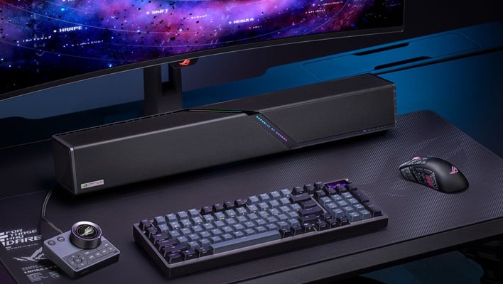 ASUS ROG Gjallar soundbar on a desk.