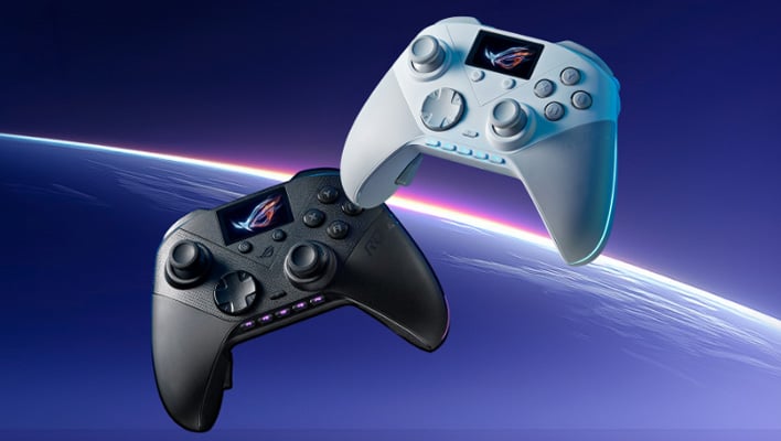ASUS ROG Raikiri II Pro controllers in white and black floating in space.