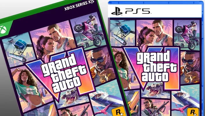 Closeup renders of Xbox Series X|S and PlayStation cases for Grand Theft Auto VI, on a gray gradient background.