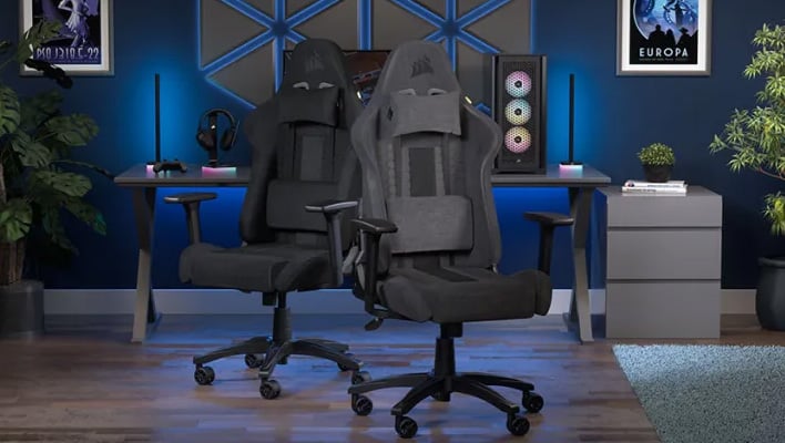 Renders of Corsair's TC100 gaming chair in a gamer setup.