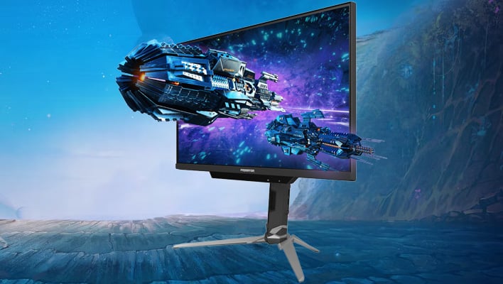 Acer Predator XB273K 3D monitor with a spaceships coming out of the display. Behind the monitor is a space-themed background. This is all rendered.