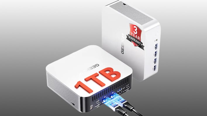 Geekom A7 mini PC renders on a gray gradient background.