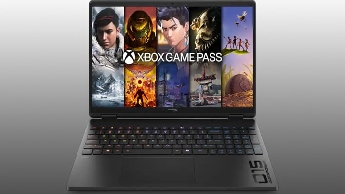HP HyperX Omen gaming laptop on a gray gradient background.