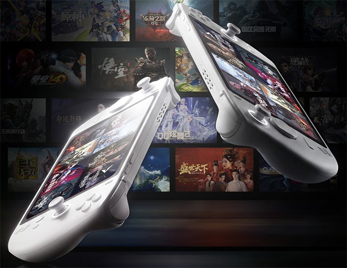 Angled renders of Lenovo's Legion C700 handheld in front of a wall of games.