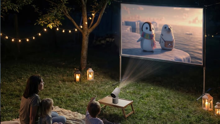 Samsung Freestyle+ projector beaming an image outside.