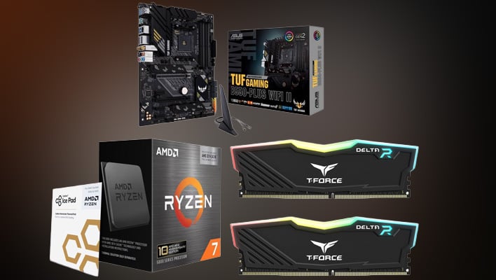 AMD Ryzen 7 5800X3D Annivesary Edition CPU box, motherboard, and RAM on a blurred background.