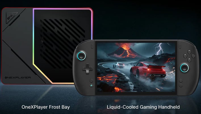 OneXPlayer X2 Mini Pro handheld next to a OneXPlayer Frost Bay cooler.