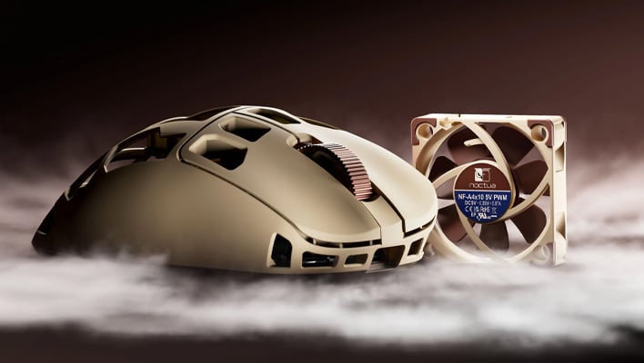 Pulsar Feinmann F01 Noctua Edition gaming mouse next to a fan. A cloud of smoke is wafting by.