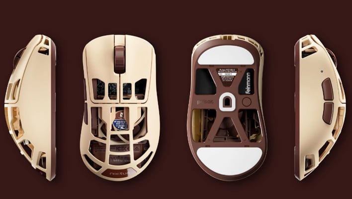 Top and bottom views of the Pulsar Feinmann F01 Noctua Edition gaming mouse.