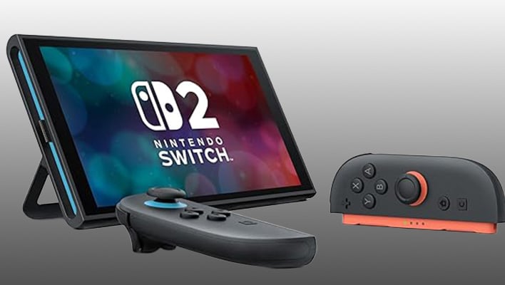 Nintendo Switch 2 console with Joy-Cons on a gray gradient background.